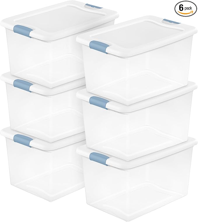 Sterilite 6-Pack Latching Box, Under Bed Storage Bins with Lids, Clear Plastic, 64 Quart - Heavy-Duty Organizing Containers for Closet, Bathroom, and Office