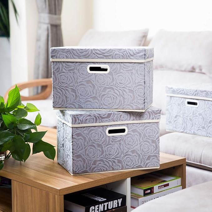 PRANDOM Collapsible Storage Boxes with Lids Fabric Decorative Storage Bins Cubes Organizer Containers Baskets with Cover Handles Divider for Bedroom Closet Living Room 14.9x9.8x9.8 Inch 1 Pack