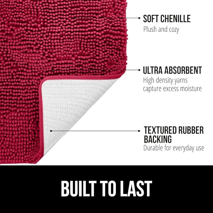GORILLA GRIP Bath Rug Mat 44x26, Thick Soft Absorbent Chenille, Quick Dry Microfiber Mats, Rubber Backing Washable Shower Floor Rugs, Bathmat Runner, US Designed Bathroom Home Decor Accessories Red