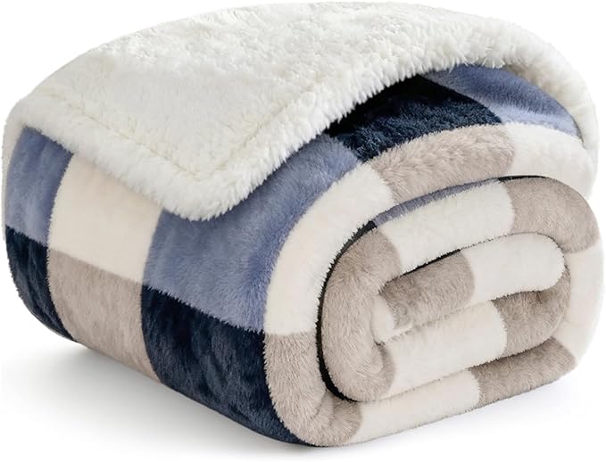 Blanket for Women, Sherpa Throw Blanket for Couch, Flannel Cozy Soft Blanket for Bed - Fleece, Gray-Soft Blue, 80x90 Inches
