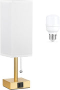 aooshine White Small Table Lamp for Bedroom - 3 Color Temperature 3000K 5000K 4000K Bedside Lamp, Pull Chain Control, USB A and C Ports, Pure Gold Color Base, Bulb Included