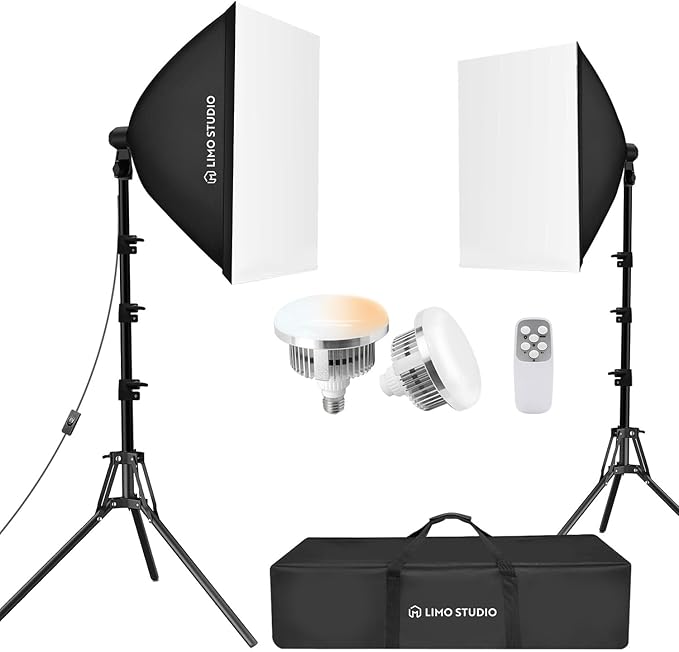LimoStudio (LED Super Bright) 3400W Output Remote Control, 22 x 32 inch Softbox 85W Bulbs Light Kit, 3000K-5500K Adjustable Color & Brightness, 12600 Lumen, CRI>95, Soft Box Diffuser, AGG3214