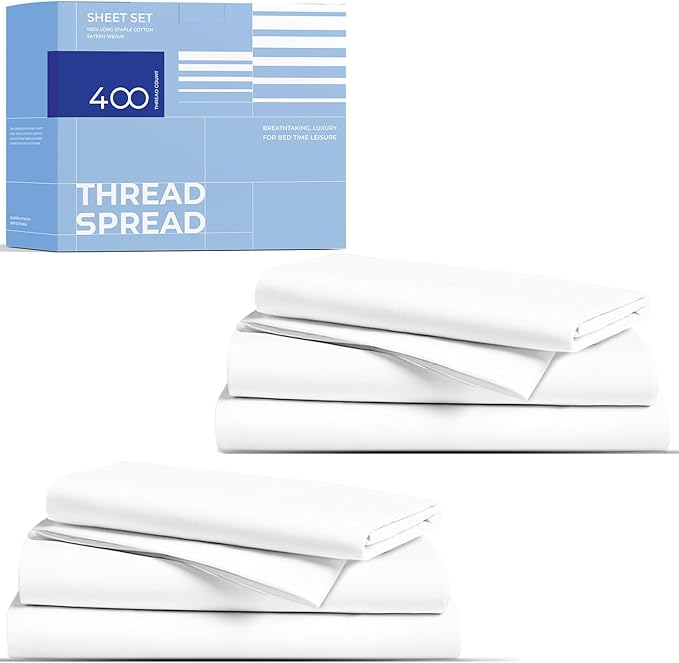 THREAD SPREAD 2-Pack Twin XL Sheet Sets Cotton - 400 Thread Count 100% Cotton Sateen Weave - Soft, Breathable, Hotel Quality Cooling Sheets, 2 Sets of Twin XL Size Deep Pocket Bed Sheets (White)
