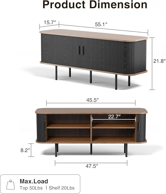 55''W Black Cabinet with Storage, Media Console, Tambour TV Stand, Television Stands with Curvy Edge; Sliding Door, Fluted Cabinet, Buffet Sideboard, Credenza, Table Stand for Living Room, Kitchen