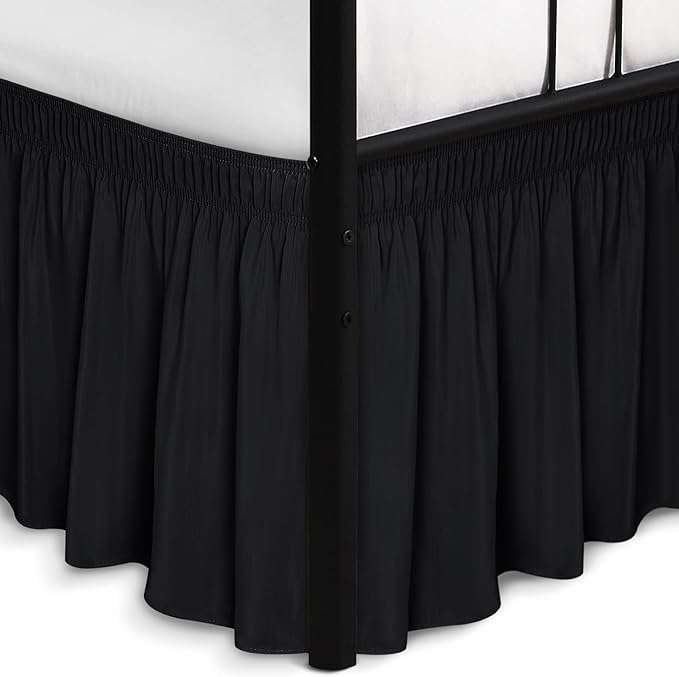 Biscaynebay Wrap Around Bed Skirts with Split Corners for Full Beds 17" Drop, Black Elastic Dust Ruffles Easy Fit Wrinkle & Fade Resistant Silky Luxurious Fabric Solid Machine Washable