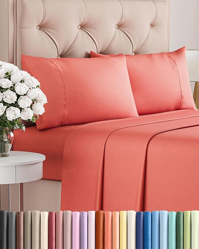 Twin XL 4 Piece Sheet Set - Cooling, Comfy & Breathable - Hotel Luxury Bedding, Includes Fitted Sheet for Women, Men, Kids and Teens - 1 Flat, 1 Fitted Sheet, 2 Pillowcases with Deep Pockets - Coral