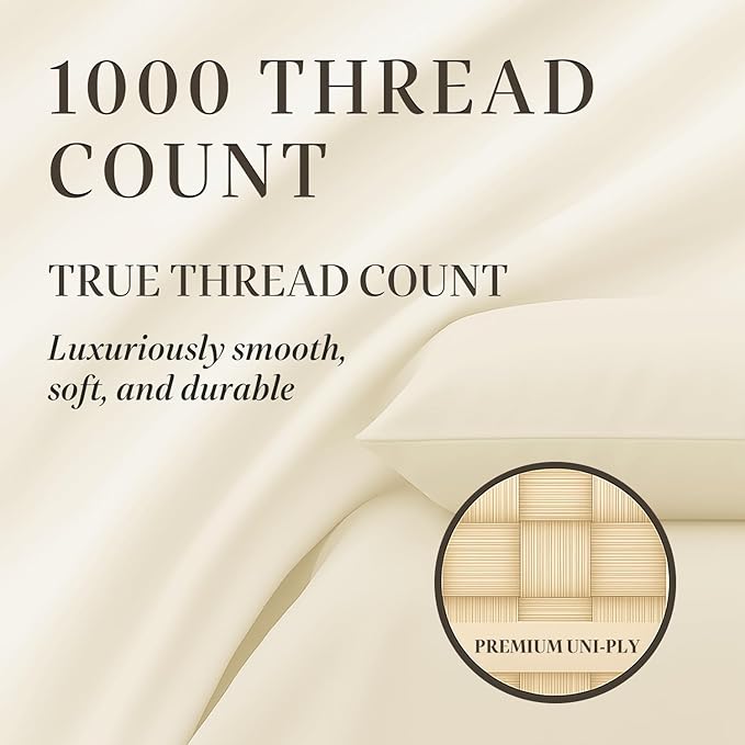 Hyde Lane Luxury 1000 Thread Count 100% Cotton Sheets | Very Soft & Thick - Fits Upto 20" Mattress | Sateen Weave Bed Sheets 18" Deep Pocket- 4 PC Sheet Set (Ivory/Cream, Split King)