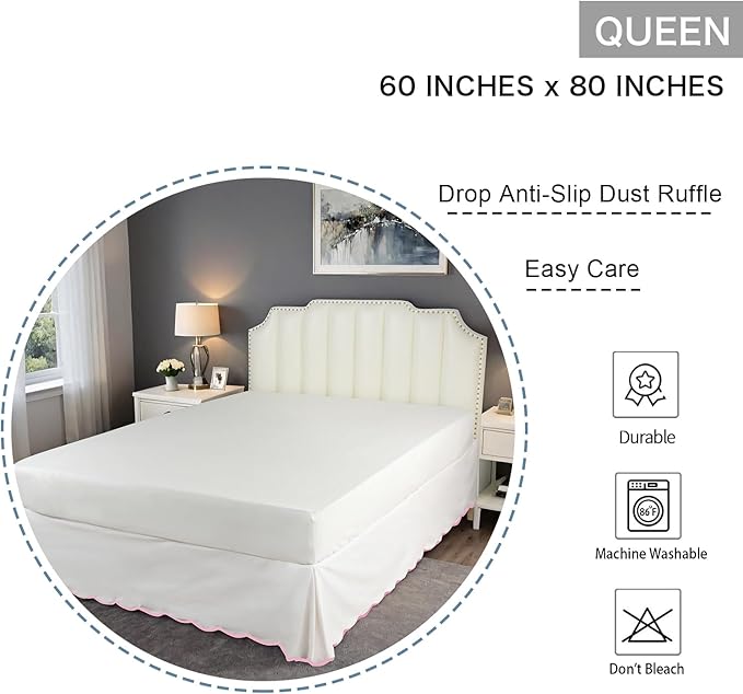 HIG Off-White Chic Queen Bed Skirt - Easy Fit Scallop Edge Pleated Bedskirts, 14 Inch Drop Anti-Slip Dust Ruffle, Thick Fabric for Enhanced Privacy, Pre-Washed for Long-Lasting Use(N60022)