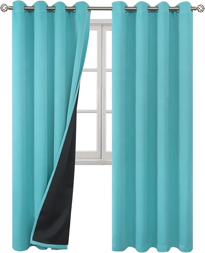 BGment 100% Blackout Curtains for Bedroom Window 84 Inch Length 2 Panels Set, Thermal Insulated Full Light Blocking Grommet Drapes for Living Room Darkening with Black Liner, 52 Inch Wide Each, Aqua