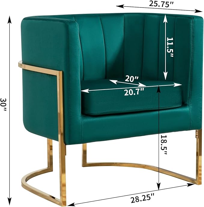 Velvet Modern Accent Chairs Set of 2, Upholstered Barrel Armchair Mid Century with Pillow for Living Room, Comfy Single Vanity Chair with Metal Gold Legs for Bedroom, Green