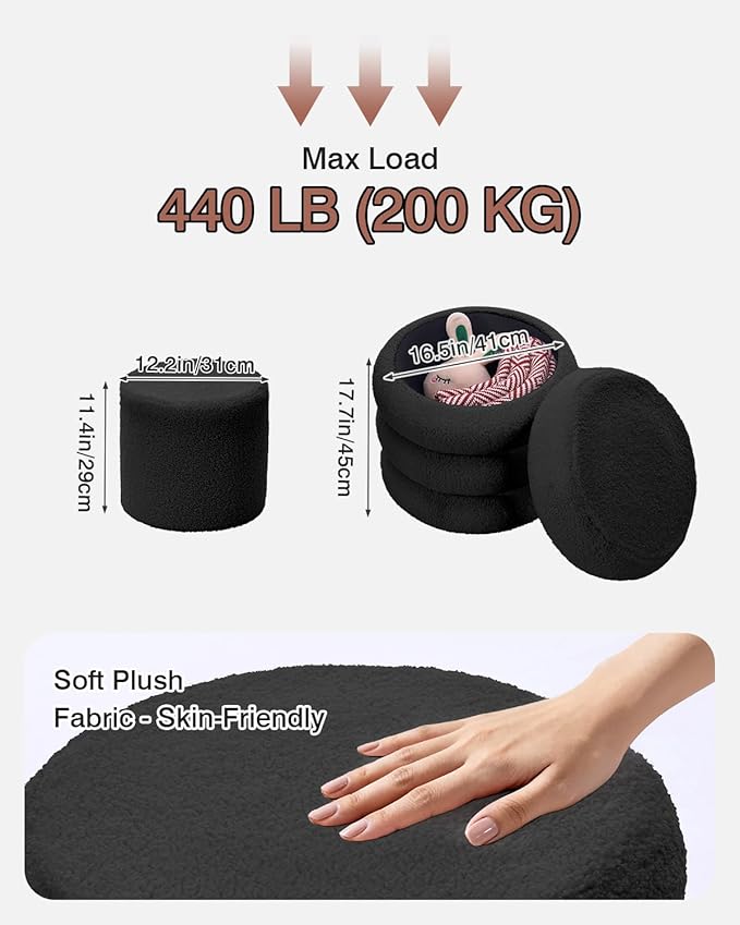 Round Set of 2 Sherpa Storage Ottoman Stool Boucle Vanity Stool Footstool with Removeable lid Load up to 440 lbs for Livingroom Bedroom Black UASND68B