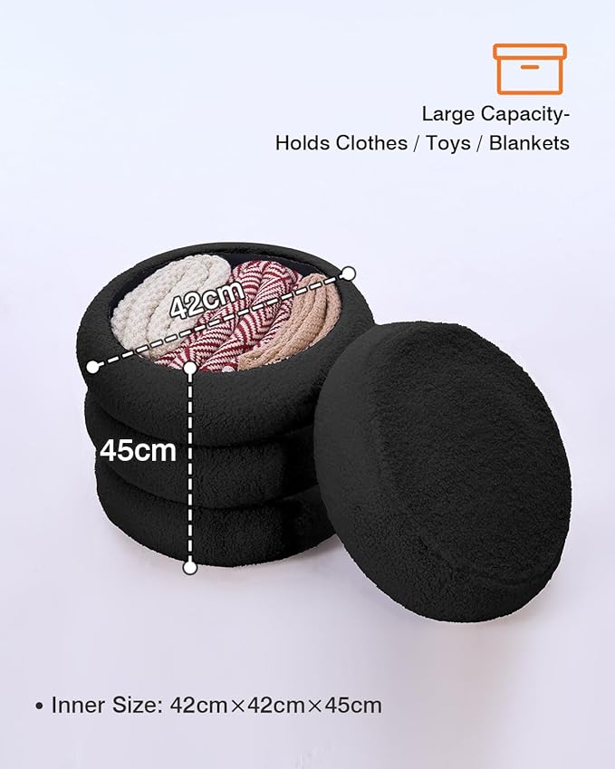 Round Set of 2 Sherpa Storage Ottoman Stool Boucle Vanity Stool Footstool with Removeable lid Load up to 440 lbs for Livingroom Bedroom Black UASND68B