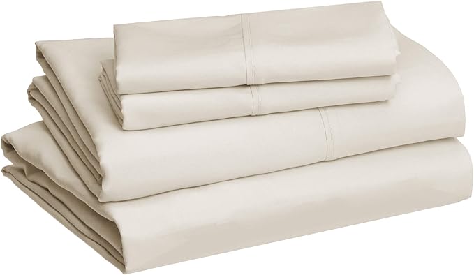 Amazon Basics Lightweight Super Soft, Breathable Easy Care Microfiber 4 Piece Bed Sheet Set with 14-Inch Deep Pockets, Queen, Beige, Solid