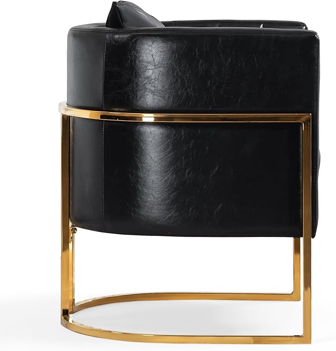 Modern Leather Accent Chair, Mid Century Upholstered Barrel Armchair with Pillow for Living Room, Comfy Single Vanity Chair with Metal Gold Legs for Bedroom, Black