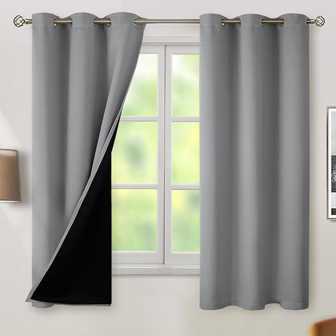 BGment Thermal Insulated 100% Blackout Curtains 63 Inch Length 2 Panels, Total Light Blocking Curtains for Bedroom, Grommet Window Drapes with Thick Black Liner, 42 Inch Wide Each Panel, Dove Grey