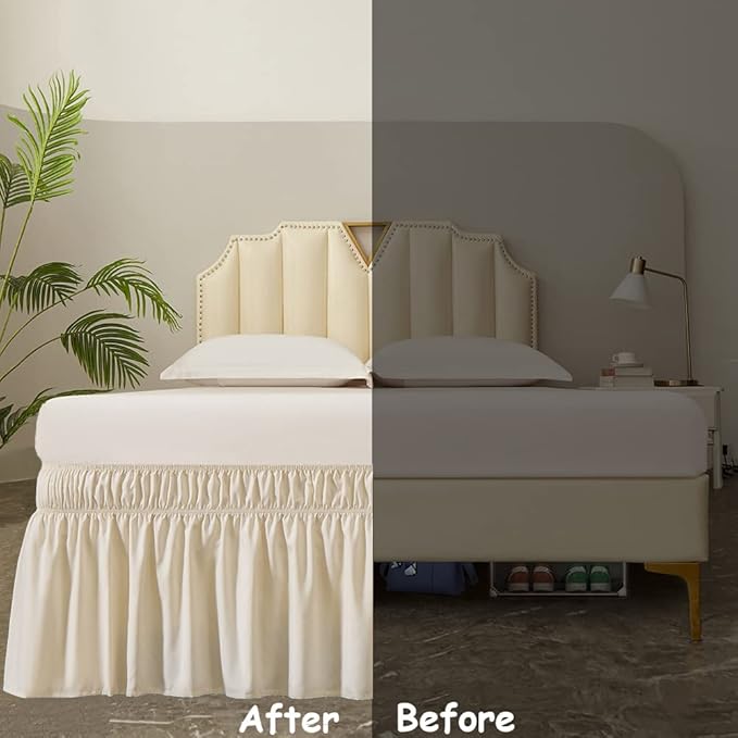 MEILA Wrap Around Bed Skirt Three Fabric Sides Elastic Dust Ruffled 14 Inch Tailored Drop,Easy to Install Fade Resistant-Beige, Twin/Full