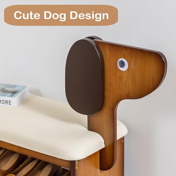 Shoe Bench with Cushion, 2-Tier Dog Entryway Bench Cute, Wood Shoe Rack Bench,31.5 inches