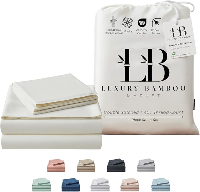 Luxury Bamboo Market | Queen Size Bed Sheet Set | 100% Viscose Made from Bamboo | Organically Grown | Ultra Soft | Cooling Sheets for Hot Sleepers | 17" Deep Pocket [Opulent Ivory]
