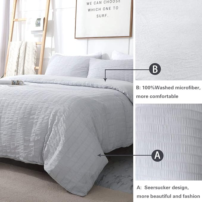 AveLom Light Gray Duvet Cover King(104 x 90 inches), 3 Pieces (1 Duvet Cover, 2 Pillow Cases), Seersucker Striped Soft Washed Microfiber Textured Duvet Cover Set with Zipper Closure, Corner Ties