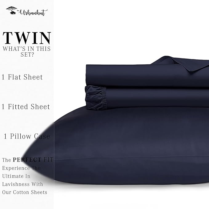 URBANHUT 800 Thread Count 100% Cotton Twin Size Sheets, Luxury 4 Piece Twin Bedsheets, Hotel Sheets Sateen Finish - Better Than Egyptian, 14" Elasticized Deep Pocket - Navy Blue
