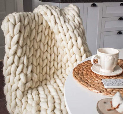Chunky Knit Blanket Hand Made Merino Wool Throw Boho Bedroom Sofa Home Decor Giant Yarn(Ivory White 40"x80")