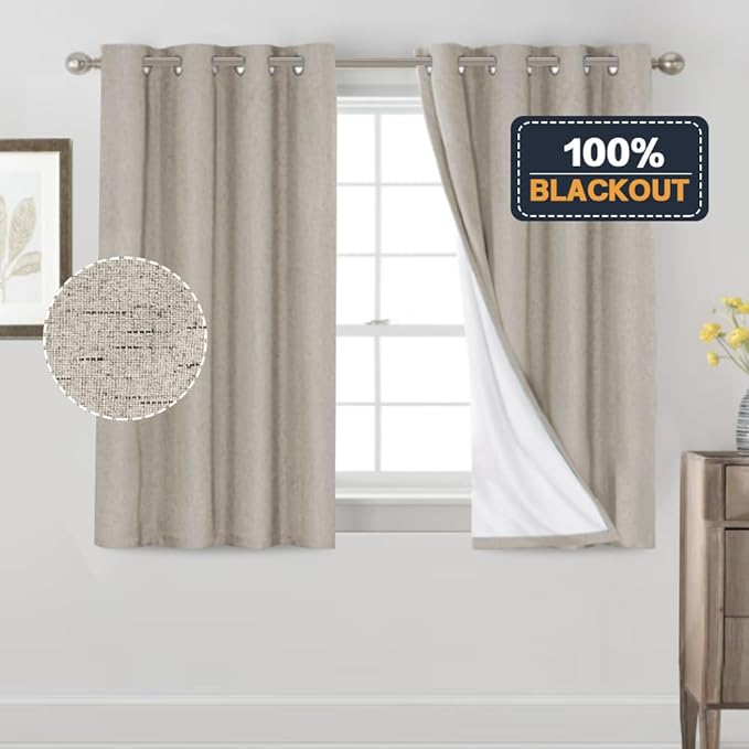 PrinceDeco Linen Blackout Curtains 100% Blackout Curtains for Bedroom Grommet Room Darkening Curtains & Drapes Thermal Insulated White Liner Noise Reducing Window Treatment Drapes,52" W x 54" L,Stone