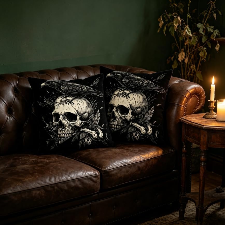 Gothic Skull Raven Throw Pillow Covers, 18x18 Inch, Machine Washable, Halloween - Image 6