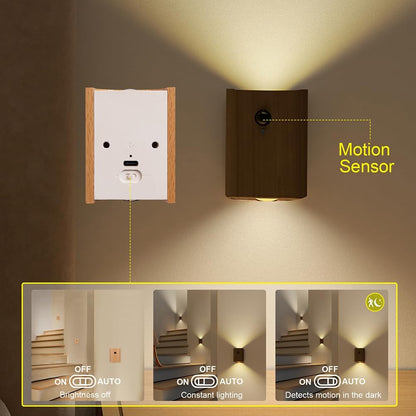LANDGOO Wooden LED Step Lights Wall Lamp, 2700-3000K Motion Sensor Night Lights, Rechargeable Stair Lights for Hallway Indoor Lighting(White Ash Wood 2PCS)