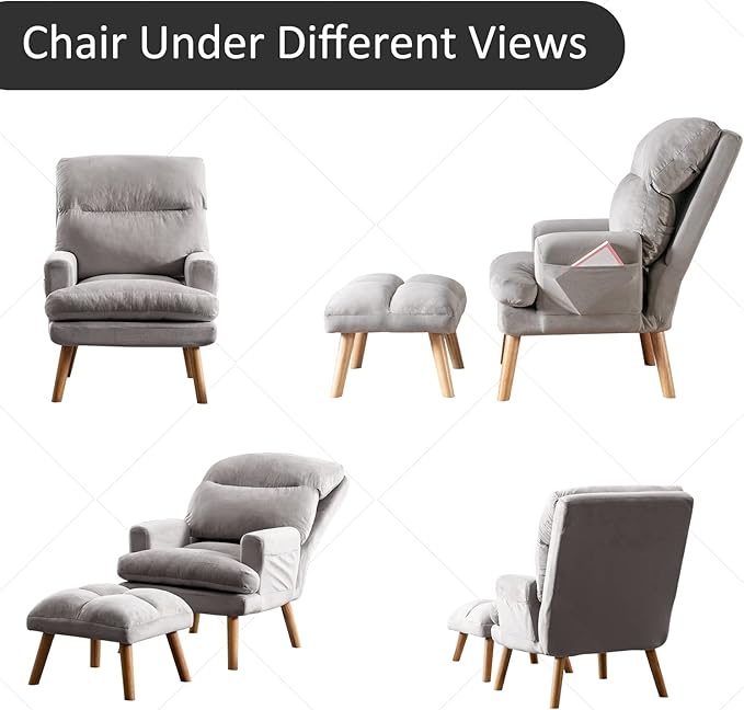INZOY Accent Chairs with Ottoman, Velvet Fabric Armchair with Ottoman for Bedroom Living Room, Mid Century Modern Chair with Adjustable Backrest and Side Pockets, Grey