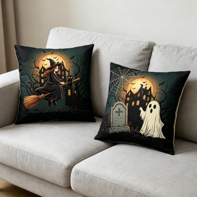 Halloween Throw Pillow Covers, 18x18 Inch, Ghost Pumpkin Haunted House Design - Image 4