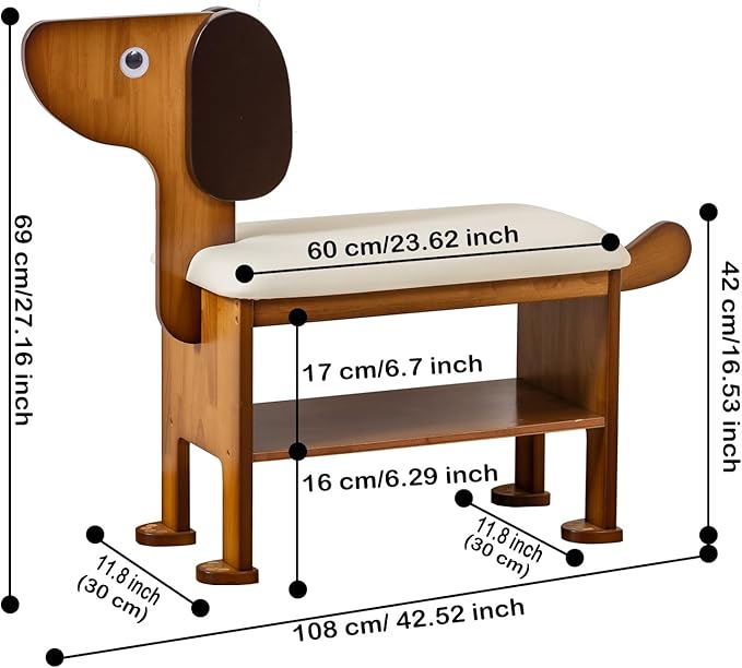 Shoe Bench with Cushion, 2-Tier Dog Entryway Bench Cute, Wood Shoe Rack Bench,23.62 inches