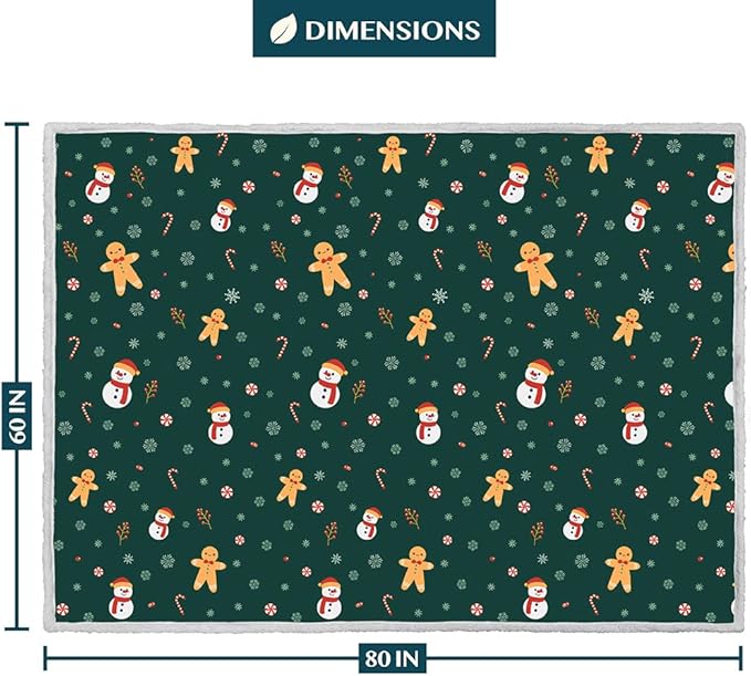 PAVILIA Green Christmas Sherpa Throw Blanket, Gingerbread Snowman Holiday Pattern, Soft Reversible Fleece & Sherpa 60x80 Winter Blanket for Couch & Bed, Cozy Christmas Decor