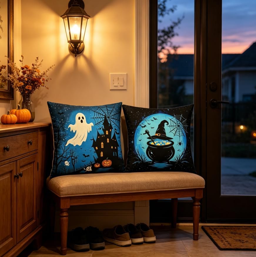 Halloween Throw Pillow Covers, Ghost and Witch Cauldron Design, 18x18 Inch - Image 3