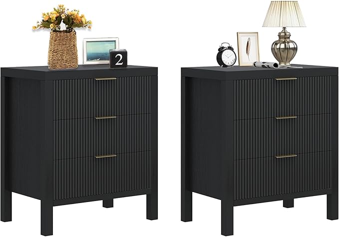 Fluted Nightstands Set of 2, Wooden Farmhouse Night Stands with 6 Drawer Bedside Table - Boho Tall End Table Accent Table for Bedroom, Living Room, （Black 2PCS）