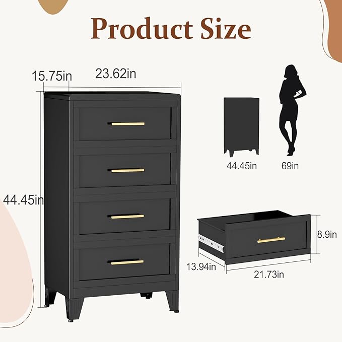 Metal Dresser for Bedroom Tall, Black Dressers & Chest of Drawers, 4 Drawer Dresser with Curved Corner, Storage Cabinet with Drawers for Living Room, Entryway, Home Office (Black, 24" W)