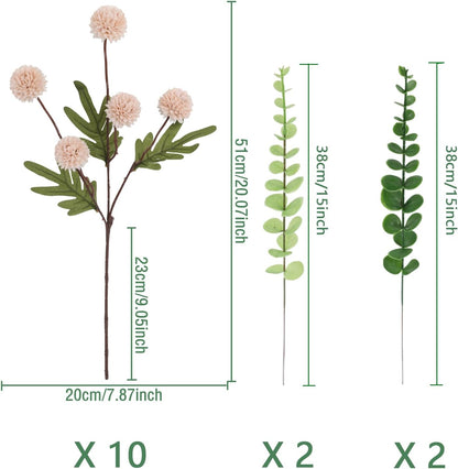 Faux Pink Kiku Flower, 10 Stems with 5 Heads Each & 4 Branches Eucalyptus Stems, Artificial Small Mini Chrysanthemum Flowers for Aesthetic Room Decor, Floral Arrangements Centerpiece