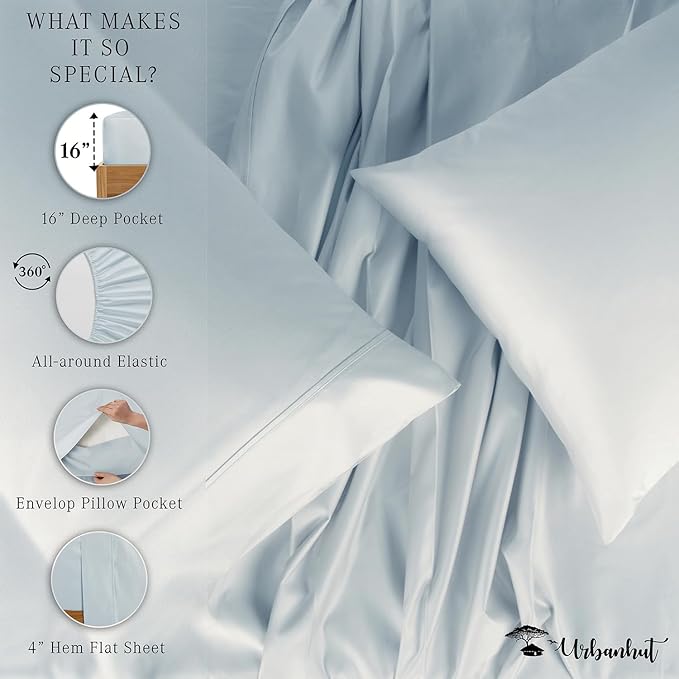 URBANHUT 800 Thread Count 100% Cotton Full Size Sheets, Luxury 4 Piece Full Bedsheets, Hotel Sheets Sateen Finish - Better Than Egyptian, 16" Elasticized Deep Pocket - Light Blue