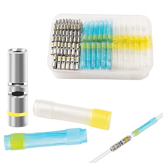 JRready ST6385-12-50 M81824/1 Series Waterproof Heat-Shrinkable Splice Yellow Butt Splice Connectors 16-12 AWG (M81824/1-3), Wire-to-Wire Splicing with Alternative Temp. PVDF/PE Tubes 50Sets