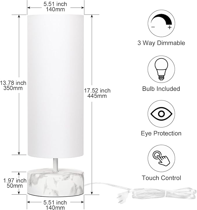 Touch Table Lamp with Metal Base Covered with Marble Grain, 3 Way Dimmable Modern Bedside Nightstand Lamp with White Shade, Simple Night Light for Bedroom Living Room Home Office, LED Bulb Included