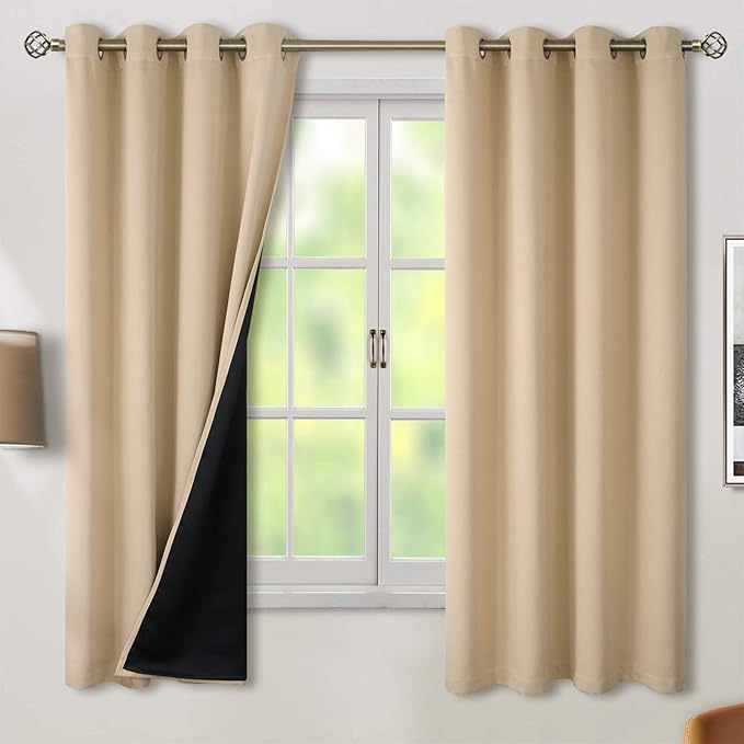 BGment Thermal Insulated 100% Blackout Curtains for Bedroom with Black Liner, Double Layer Full Room Darkening Noise Reducing Grommet Curtain (52 x 63 Inch, Beige, 2 Panels)