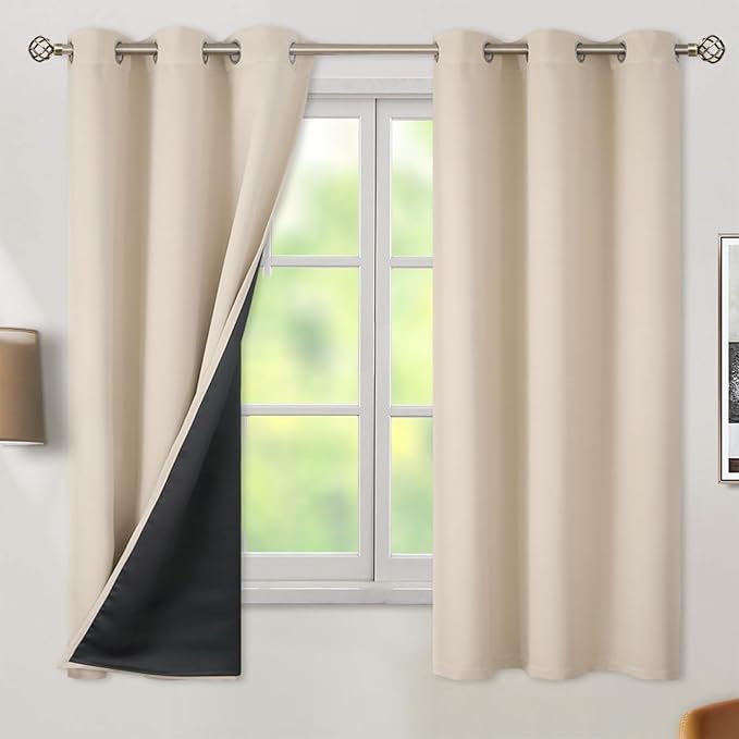BGment Thermal Insulated 100% Blackout Curtains 63 Inch Length 2 Panels, Total Light Blocking Curtains for Bedroom, Grommet Window Drapes with Thick Black Liner, 38 Inch Wide Each Panel, Champagne