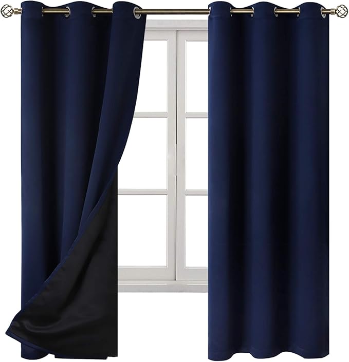BGment Navy 100% Blackout Curtains for Bedroom 63 Inches Long with Black Liner, Thermal Insulated Double Layer Full Room Darkening Noise Reducing Grommet Curtain (42 x 63 Inch, Navy Blue, 2 Panels)