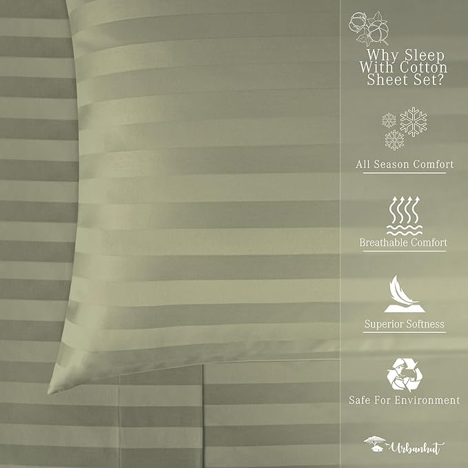 URBANHUT 800 Thread Count 100% Cotton Damask Full Size Sheets, 4 Piece Striped Full Size Bedsheets, Luxury Hotel Sheets Sateen Weave - Better Than Egyptian, 16" Elasticized Deep Pocket- Sage