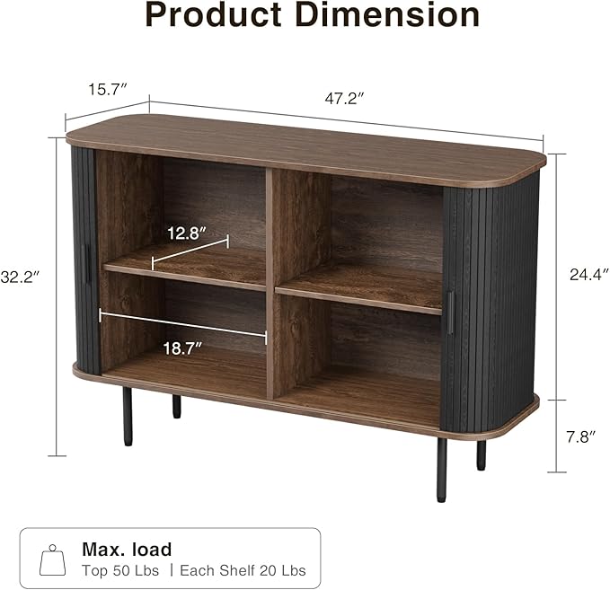 47''W x 32''H Black Buffet Sideboard Cabinet with Storage, Fluted Accent Storage Cabinet with Curvy Edge; Sliding Door, Freestanding Credenza, Console Table for Living Room, Kitchen, Hallway
