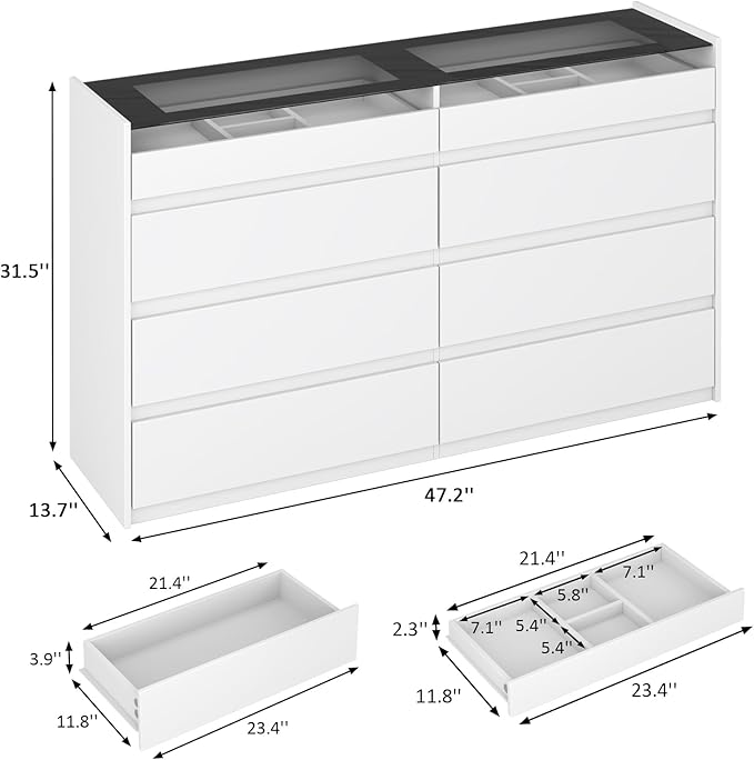 White 8 Drawer Dresser for Bedroom, Modern Chest of Drawers, Jewelry Dresser Display with Glass Top and LED Light, Dressers Organizer for Bedroom, Closet, Living Room