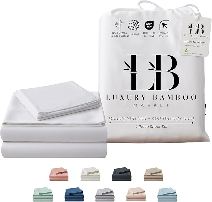 Luxury Bamboo Market | Full Size Sheet Set | 100% Viscose Derived from Bamboo | Organically Grown | Ultra Soft | Cooling Sheets for Hot Sleepers | 17" Deep Pocket [Classic White]