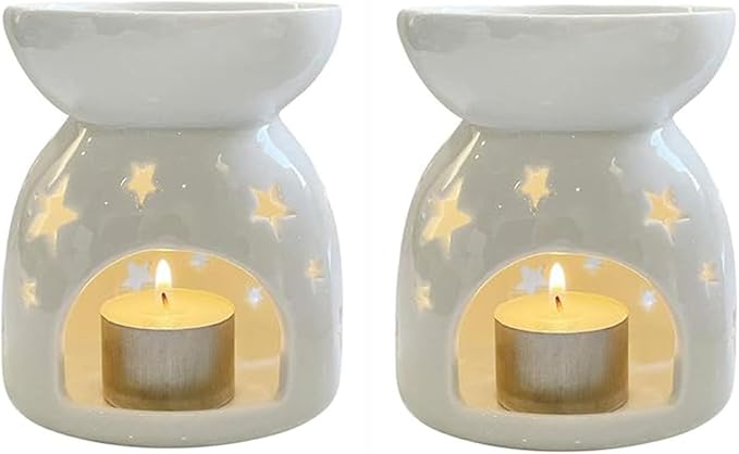 HwaGui Ceramic Tea Light Holder,Aromatherapy Oil Burner Candle Warmers Home Decoration Romantic White Star Pattern, 2PCS