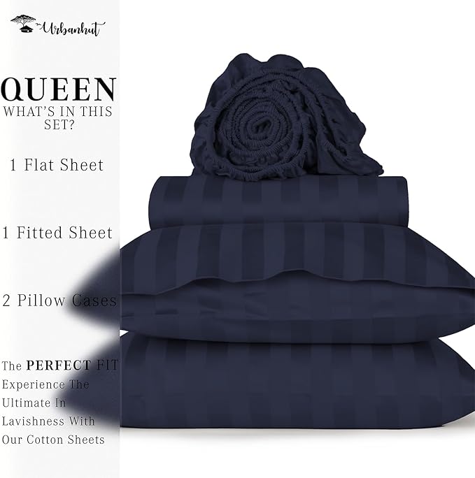 URBANHUT 800 Thread Count 100% Cotton Damask Queen Size Sheets, 4 Piece Striped Queen Size Bedsheets, Luxury Hotel Sheets Sateen Weave - Better Than Egyptian, 16" Elasticized Deep Pocket- Navy Blue