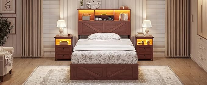 AOGLLATI Twin Bed Frame with 4 Storage Drawers and Charging Station, Farmhouse Wooden Led Twin Bed with Storage Hidden Space Headboard and Metal Slats,Mahogany