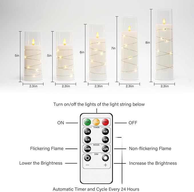 Flameless LED Candles with Timer 5 Pc Flickering Flameless Candles for Romantic Ambiance and Home Decoration Stable Acrylic Shell,with Embedded Star String，Battery Operated Candles（White）